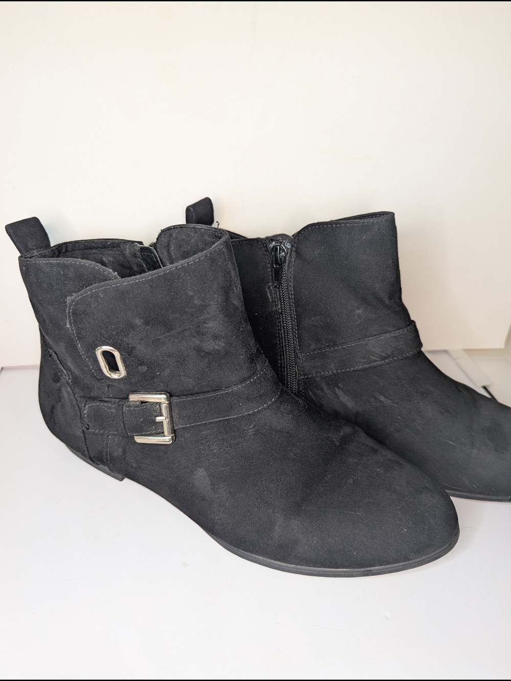 Women's Black Suede Ankle Booties with Buckle Accent